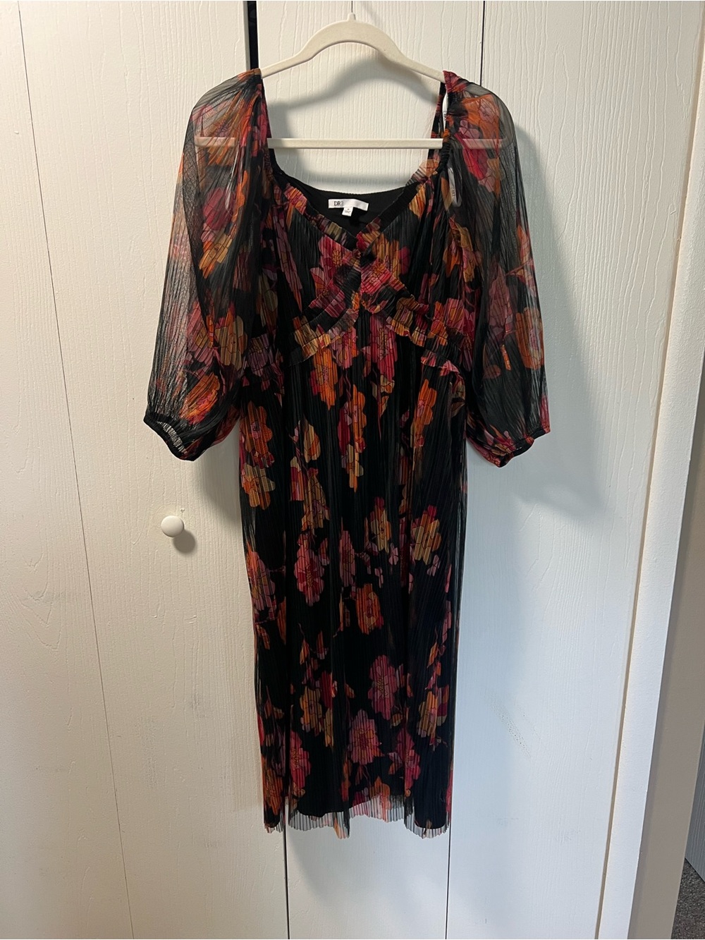 DR2 Black Midi Dress with Pink and Orange Floral Print